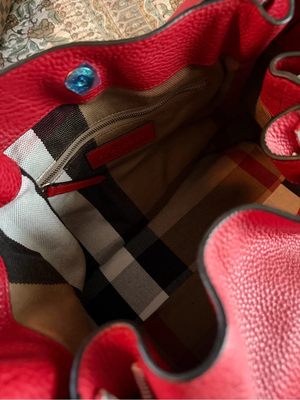 Burberry Red Pebbled Leather Shoulder Bag with Check Canvas Panel
